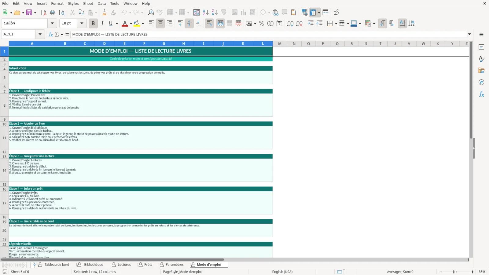 Capture de la feuille Mode d'emploi du modèle Excel Liste Lecture Livres Excel – Modèle Gratuit (2026)